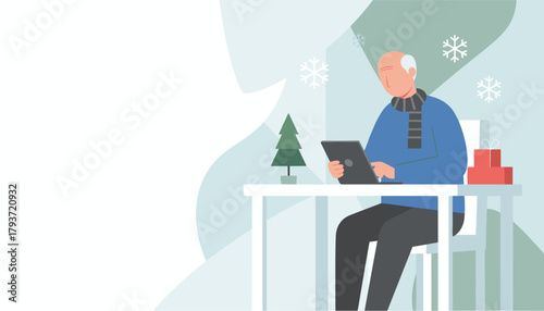 Senior man uses tablet for digital connectivity or holiday shopping amidst winter snow and festive gifts