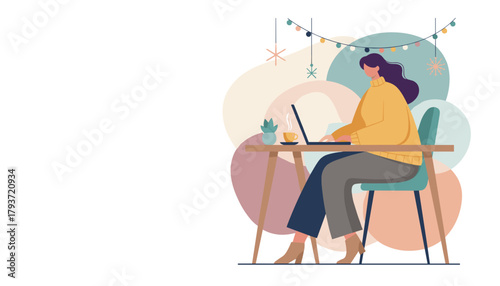 Female professional working remotely on laptop from a cozy home decorated for the season