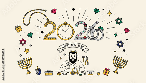 Jeweler works beneath a festive New Year 2026 graphic made of jewelry and clock surrounded by gifts