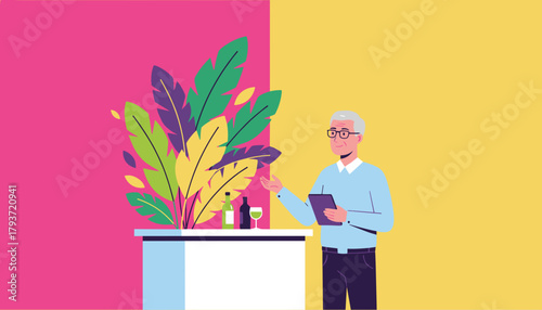 Senior man using a tablet with wine and tropical plants in a colorful setting