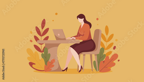 Businesswoman working remotely on laptop surrounded by colorful fall foliage illustration