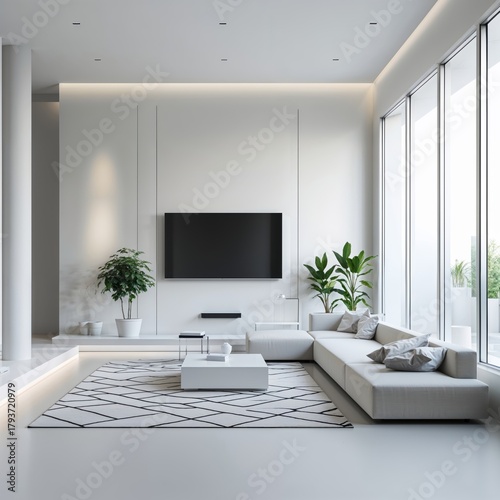 Elegant living room with lshaped sofa, coffee table, and panoramic windows