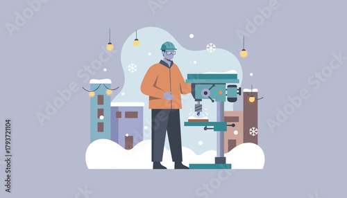 Worker using a drill press in a snowy industrial district Winter jobmanufacturing illustration