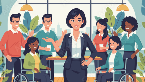 Confident female leader with diverse inclusive business team in a modern plantfilled office