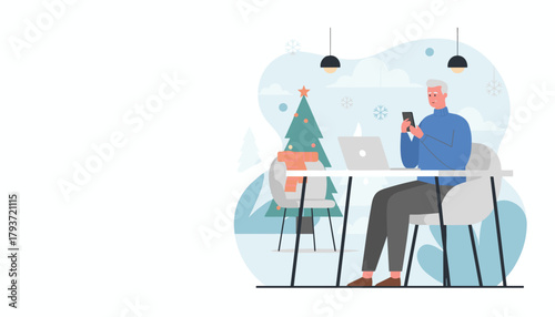 Remote work during holidays Man uses phone and laptop near Christmas tree
