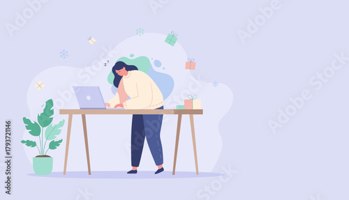 Overworked woman asleep on laptop during holiday season winter burnout exhaustion and stress
