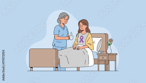 Nurse giving supportive care to a patient with a purple awareness ribbon in a hospital setting
