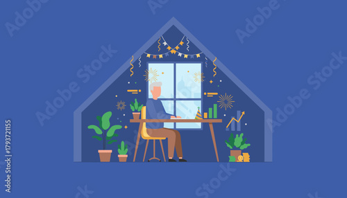 Remote working senior celebrates business success and finance goals in a festive attic office