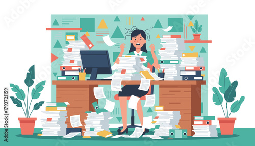Overwhelmed businesswoman buried under piles of documents and files Workplace stress and bureaucracy