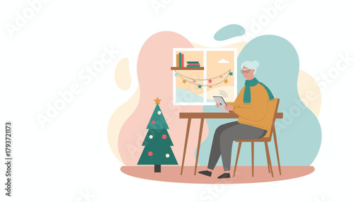 Senior woman uses tablet near a Christmas tree enjoying connection and digital life during winter holidays