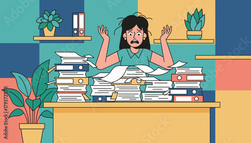Stressed office worker overwhelmed by massive paperwork and deadlines