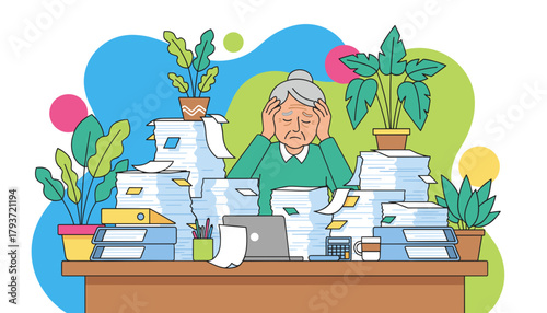 Stressed senior woman overwhelmed by paperwork and workload at her messy office desk