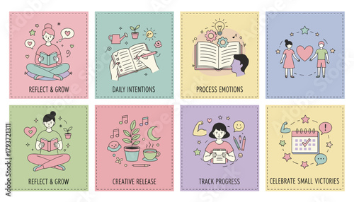 Personal growth and selfcare vector illustrations focusing on reflection journaling emotions and progress