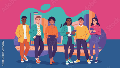 Diverse urban professionals smiling representing business teamwork technology and success