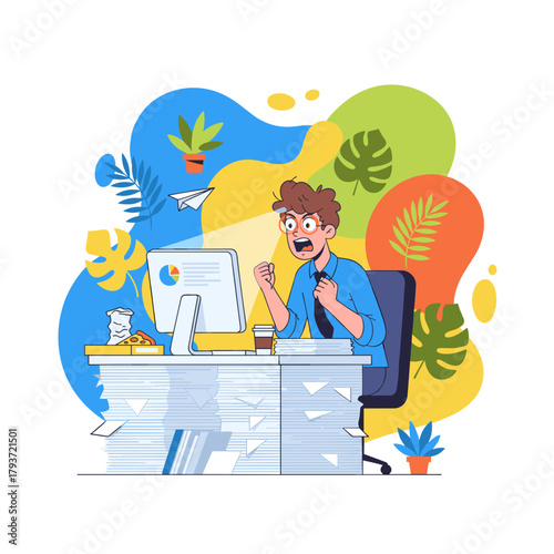 Stressed businessman overwhelmed by paperwork and excessive workload office burnout concept