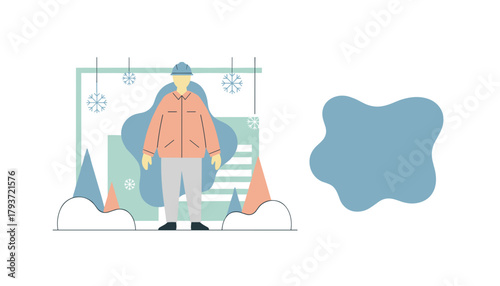 Flat vector illustration of a worker in winter clothes and hardhat in a cold snowy outdoor scene