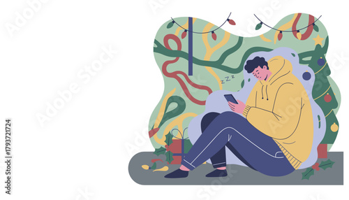 Tired man ignores the holiday scene glued to his phone screen near the Christmas tree