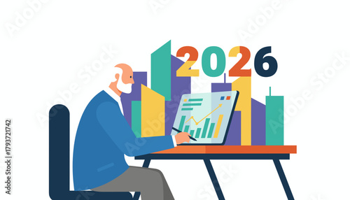 Analyzing 2026 financial forecast Senior businessman reviewing charts and growth data