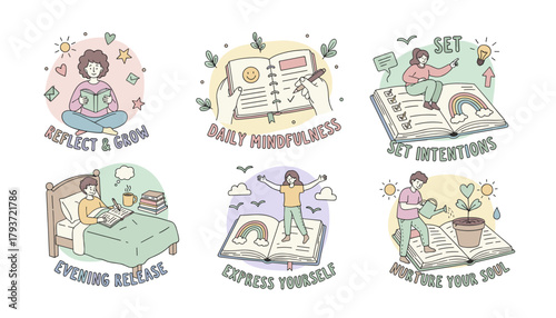 Six daily journaling and selfcare concepts for mental health growth reflection and mindfulness