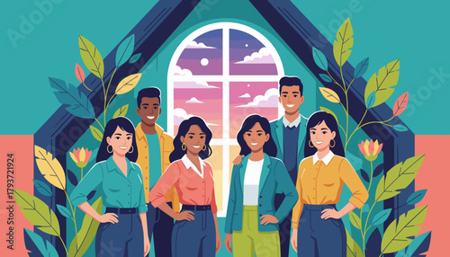 Diverse smiling team in a stylized home setting with lush plants symbolizing growth and unity