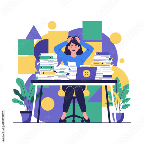 Overwhelmed business woman stressed by paperwork and deadlines experiencing job burnout