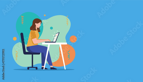 Woman works on laptop achieving goals remotely Success freelance and online business concept