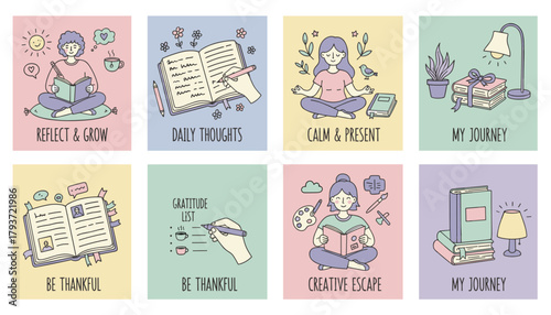 Pastel illustration set for journaling selfcare and mindfulness Wellness concept