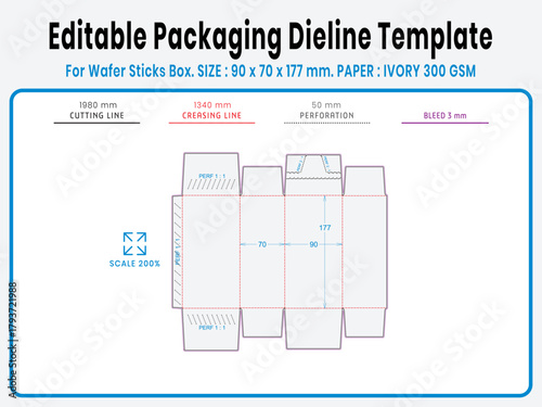 Editable packaging dieline template for wafer roll box. Real dimensions with cutting, creasing, and bleed guides. Ready-to-use vector file for printing and production setup.