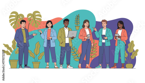 Diverse business team collaborating with technology in a modern sustainable office environment