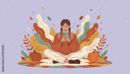 Modern woman using a smartphone while relaxing among fall foliage and pumpkins