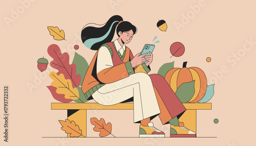 Young woman using smartphone on a bench with autumn leaves and pumpkin Digital connection fall season
