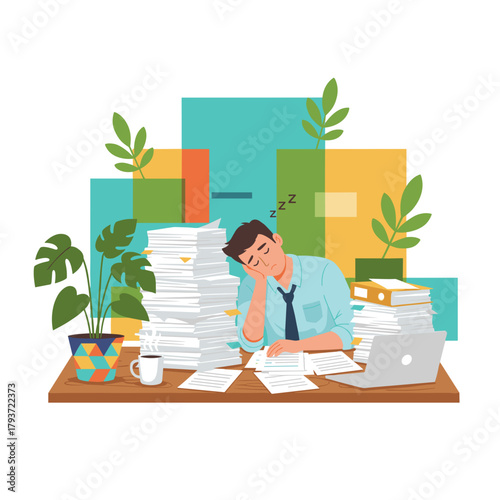 Tired man sleeps at desk overwhelmed by bureaucracy and document piles Deadline stress