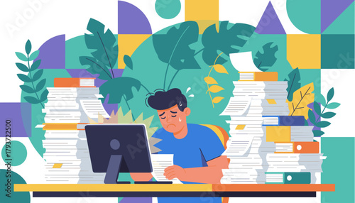 Overworked employee facing burnout surrounded by stacks of documents reflecting deadline stress