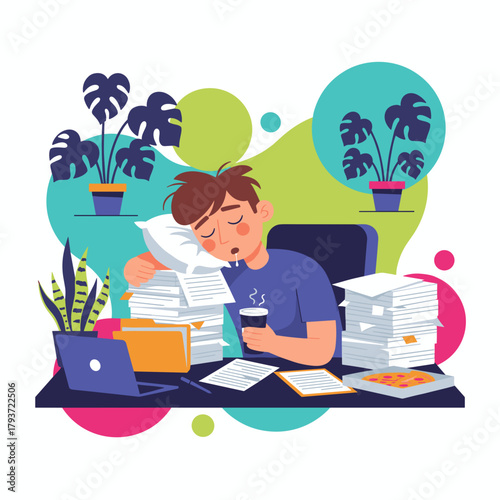 Burnout Overworked employee sleeping at desk surrounded by documents and coffee