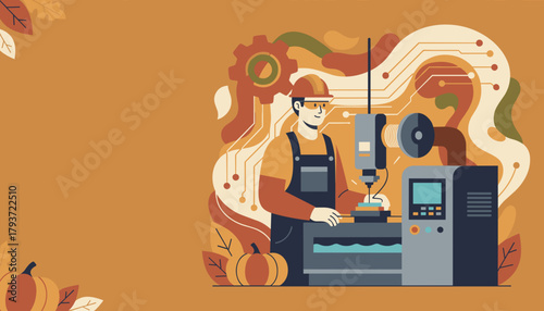 Skilled machinist operating industrial CNC machinery in a technological autumn background illustration