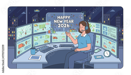 Logistics dispatcher monitors deliveries in a hightech control room celebrating the New Year 2026