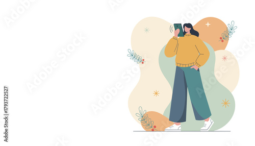 Casual woman talking on smartphone amidst decorative abstract background elements