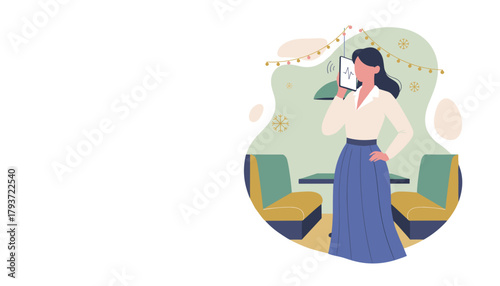 Woman using voice assistant on a smartphone in a festive restaurant or cafe booth area