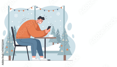 Man feeling anxious checking his smartphone in a cozy winter cafe environment