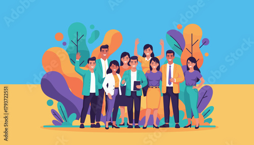 Diverse group of happy professionals smiling waving and celebrating success in a vibrant illustration
