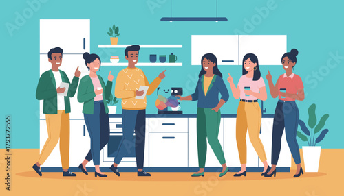 Diverse business team interacts with friendly AI mascot during an office coffee break