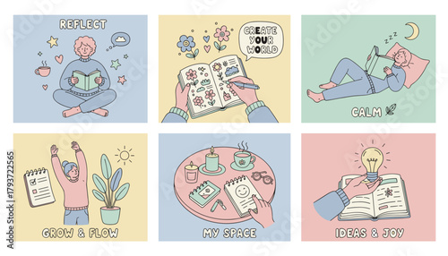 Selfcare and personal development concepts mindfulness reading creativity and inner peace routines