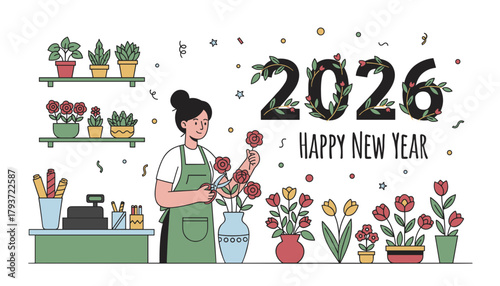 Happy New Year 2026 Florist preparing flowers in shop Seasonal greeting and small business graphic