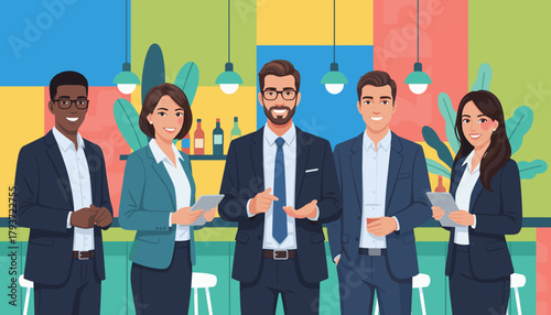 Diverse professional team networking in a modern bar setting illustrating success and partnership