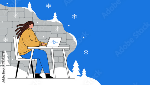 Remote worker staying productive during winter Flat vector design illustration