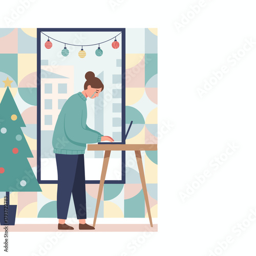 Crying woman working on a laptop during Christmas Holiday sadness stress and isolation concept