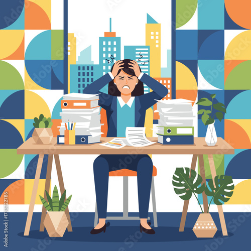 Frustrated businesswoman overwhelmed by stacks of paperwork and excessive workload in a modern office