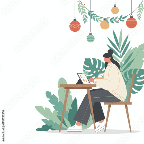 Remote work illustration Woman using tablet in a festive tropical home office setting