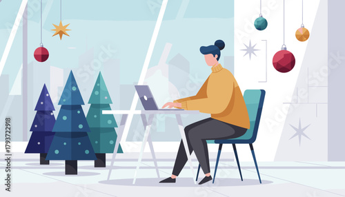 Professional working on a laptop in a festive office with Christmas decorations and a city view