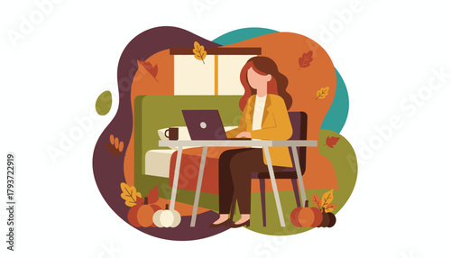 Woman works on laptop remotely in a cozy autumn setting with fall leaves and pumpkins